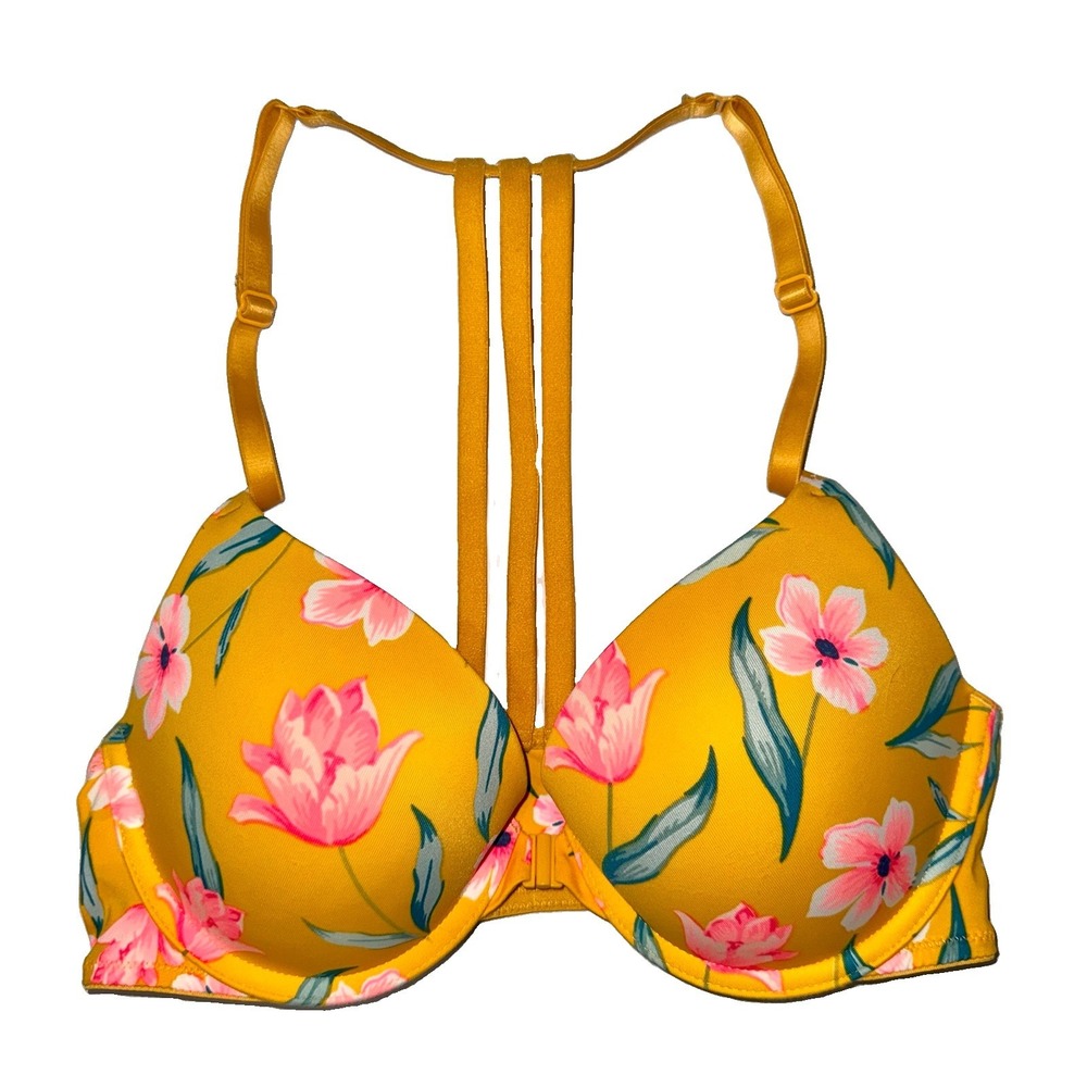 VS PINK 34B Floral Push Up Bra Yellow Racerback Front Close Tropical